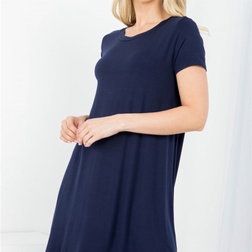 Navy Round Neck Ruffle Shirt dress sz S-m-l - Picture 2 of 6